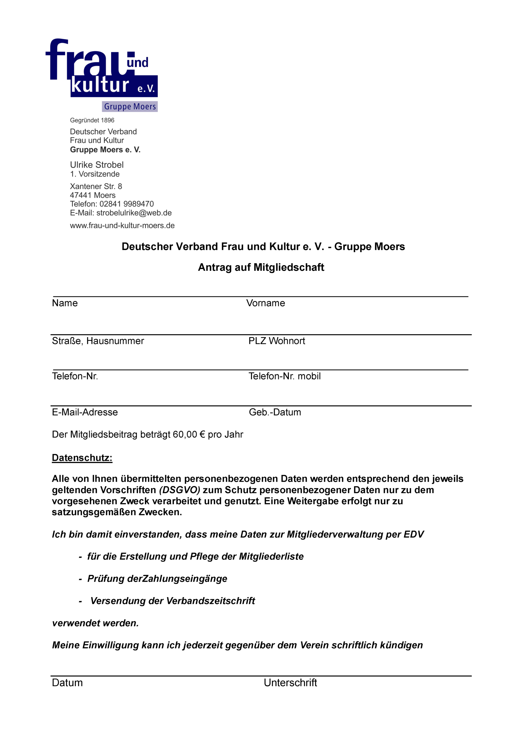 Frau und Kultur - Mitgliedsantrag